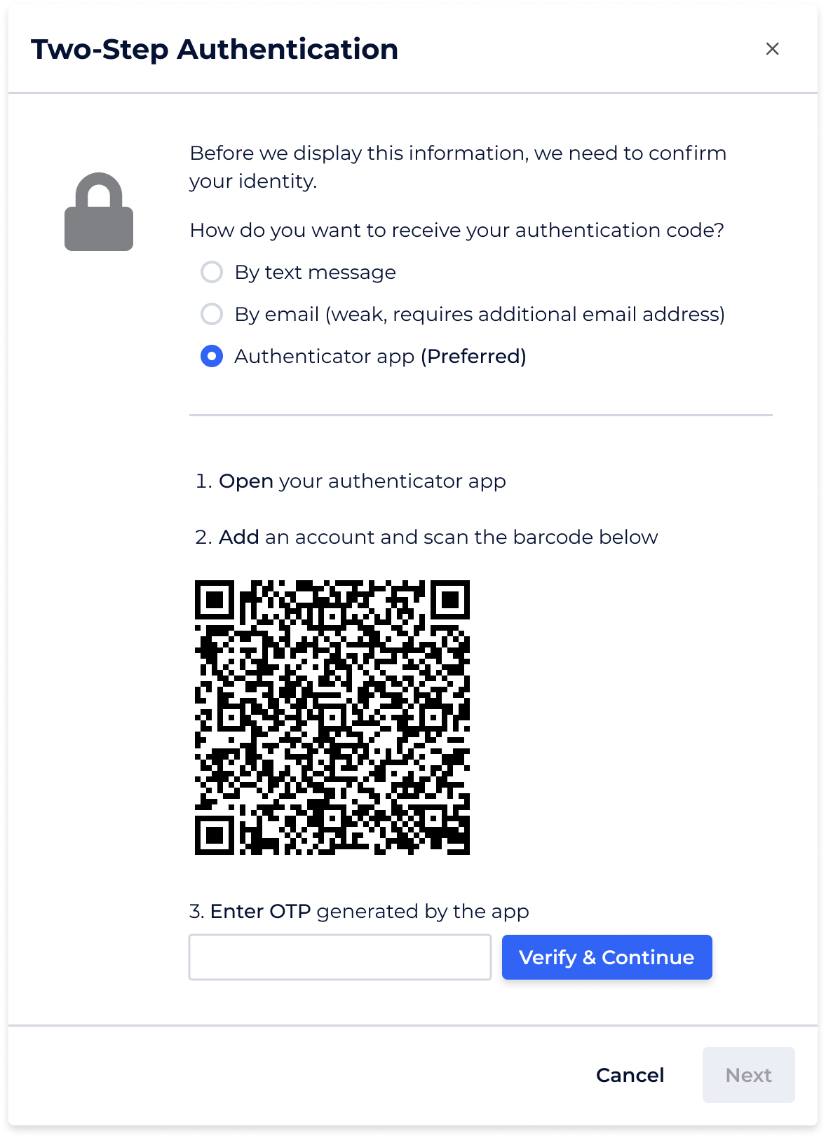 Receive a code for two-factor authentication